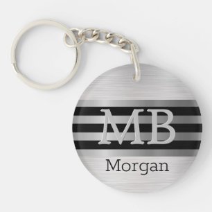 Doe-het-zelf monogram/naam Bk/zilveren strepen geb Sleutelhanger