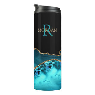Doe-het-zelf monogram & naam, zwart goud & teal ag thermosbeker