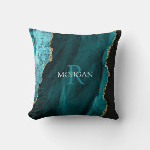 Doe-het-zelf monogram & naam, zwarte goud & teal a kussen