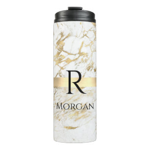 Doe-het-zelf naam & monogram blk tekst, wit & goud thermosbeker