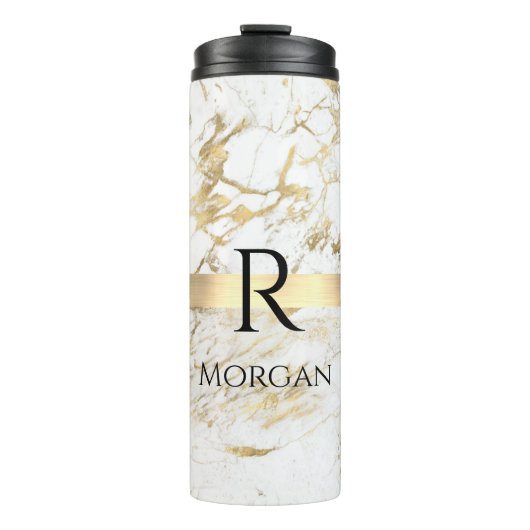 Doe-het-zelf naam & monogram blk tekst, wit & goud thermosbeker (Voorkant)