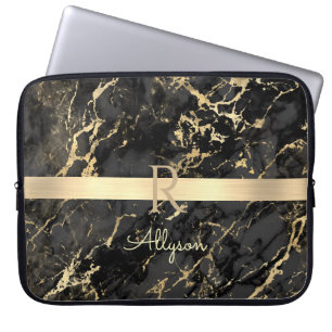 Doe-het-zelf naam & monogram, gouden staaf, zwart laptop sleeve