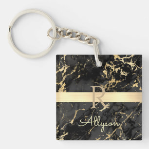 Doe-het-zelf naam & monogram, gouden staaf, zwart sleutelhanger