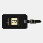 Doe-het-zelf naam & monogram, zwarte & gouden doos bagagelabel (Voorkant horizontaal)