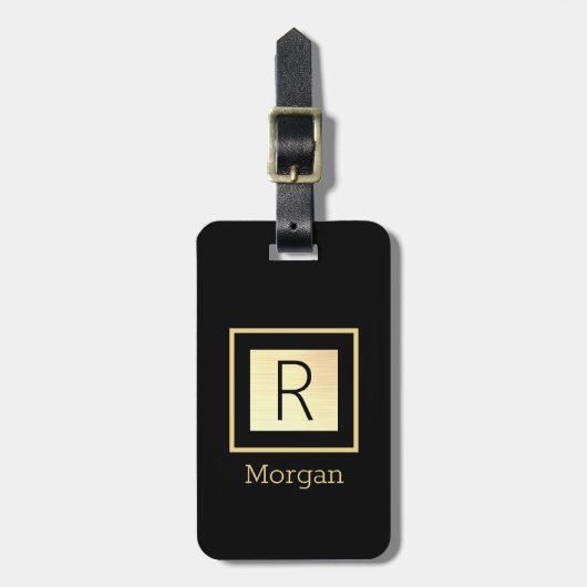Doe-het-zelf naam & monogram, zwarte & gouden doos bagagelabel (Voorkant verticaal)