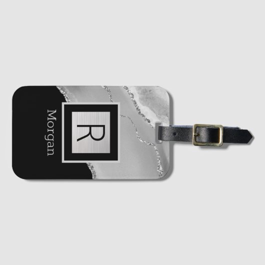 Doe-het-zelf naam & monogram, zwarte & zilveren do bagagelabel (Voorkant (horizontaal))