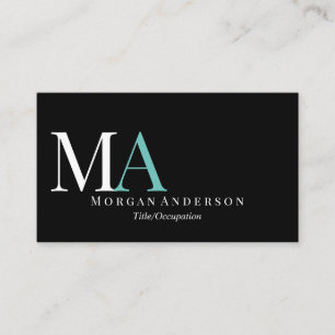 Doe-het-zelf wit en turquoise monogram naam, zwart visitekaartje