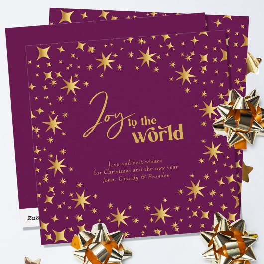 Doe mee aan de Wereld Elegant Plum en Gold Stars Feestdagenkaart
