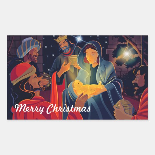 Doe mee aan de wereld. Nativiteitsscène Kerstmis Rechthoekige Sticker (Voorkant)