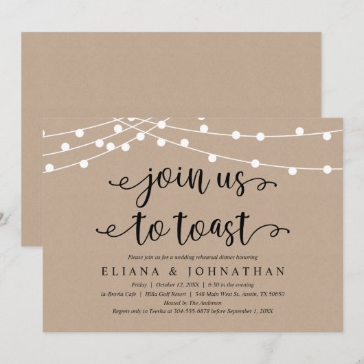 Doe mee aan toast, Rustic Wedding Rehearsal Dinner Kaart (Voorkant / Achterkant)