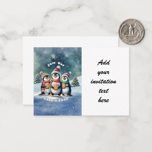Doe mee met onze Cookie Swap - Penguin Invitation Notitiekaartje (Voorkant / Achterkant in situ)