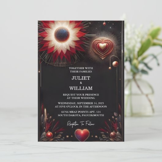 Doe Ruby Dikke Claret Wit Hart Rood Zwart Bruiloft Kaart (Staand voorkant)