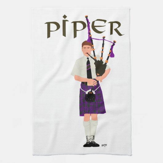 Doedelzakspeler - Paarse Kilt Theedoek (Verticaal)