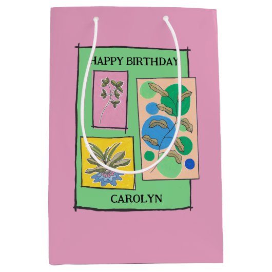  doedle art. 3 planten, roze, verjaardagsbenaming medium cadeauzakje (Voorkant)