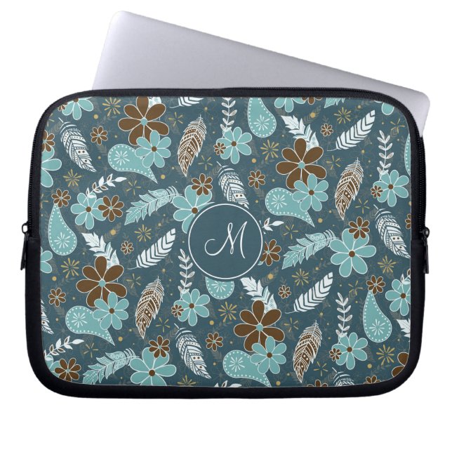 doedle paisley vether flowery boho patroon blauwgr laptop sleeve (Voorkant)
