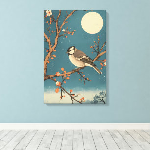 Doek Moonlit Bird on Blossom Branch Canvas Afdruk