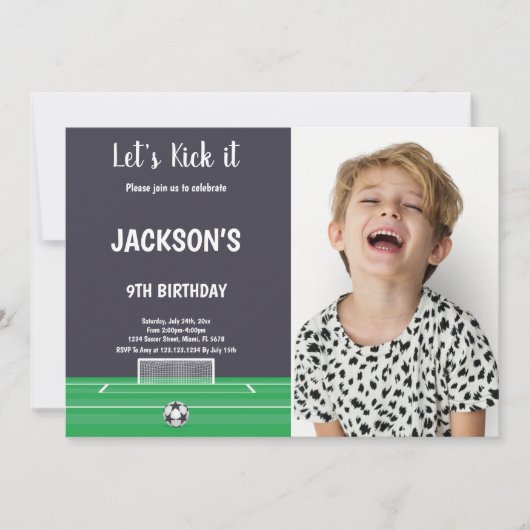 Doel Voetbal Verjaardag Uitnodiging met Foto (Voorkant)