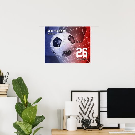 Doelstelling rode witte blauwe voetbal meisjes poster (Thuiskantoor)