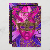 Doezelroze en gouden Masquerade Party uitnodigen Kaart (Voorkant / Achterkant)