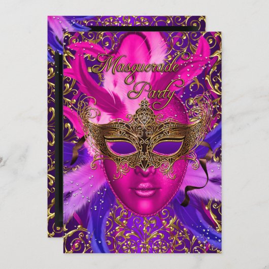 Doezelroze en gouden Masquerade Party uitnodigen Kaart (Voorkant / Achterkant)