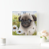 Dog 114 Pug Daisy flower Vierkante Klok (Huis)