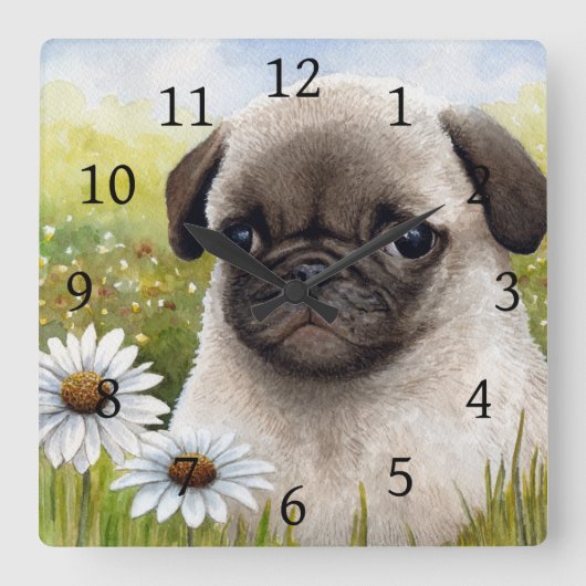 Dog 114 Pug Daisy flower Vierkante Klok (Voorkant)