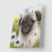 Dog 114 Pug Daisy flower Vierkante Klok (Hoek)