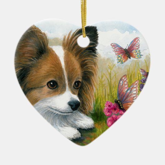 Dog 123 Papillon hond met Butterflies Keramisch Ornament (Voorkant)