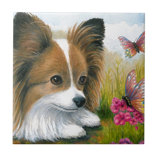 Dog 123 Papillon hond met Butterflies Tegeltje (Voorkant)