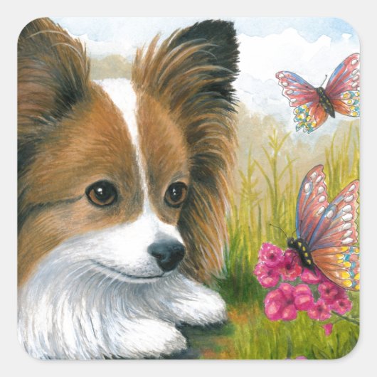 Dog 123 Papillon hond met Butterflies Vierkante Sticker (Voorkant)