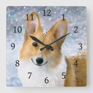 Dog 126 Corgi Snow Winter Blue Vierkante Klok
