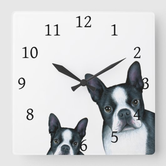 Dog 128 Black White Boston Terrier Vierkante Klok (Voorkant)