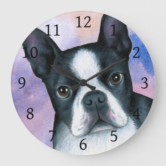 Dog 128 Boston Terrier Pink Blue background Grote Klok (Voorkant)