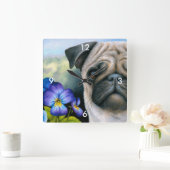 Dog 133 Pug Blue Paars Flower Vierkante Klok (Huis)