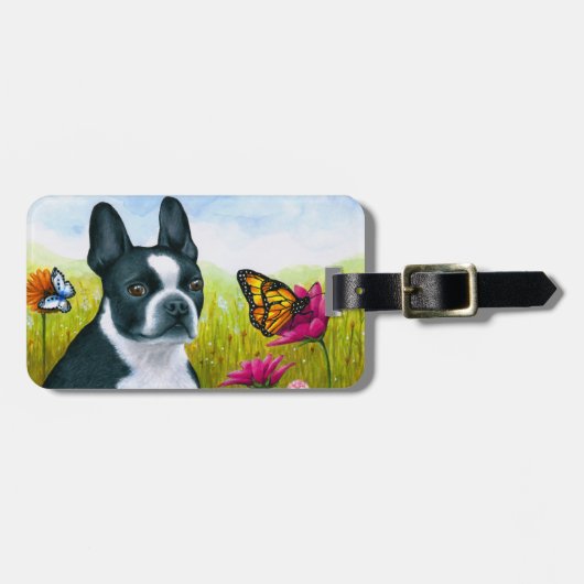 Dog 134 Boston Terrier Butterfly Flower Bagagelabel (Voorkant horizontaal)