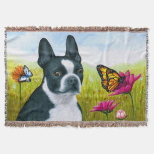 Dog 134 Boston Terrier Butterfly Flower Deken