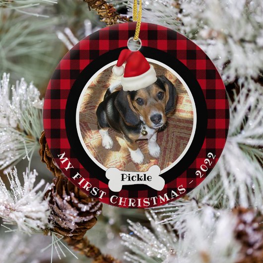 Dog 1e kerstfoto Buffalo Pset Santa Hat Keramisch Ornament