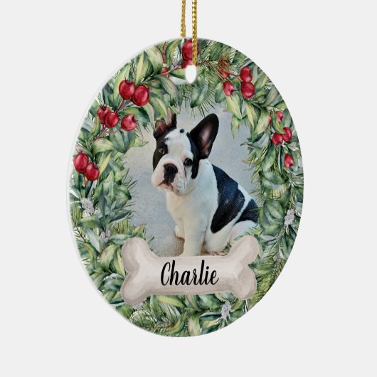 Dog 2 Sided 2 Photo Red Berry Wreatname Year Keramisch Ornament (Rechts)