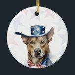 Dog, 4th of july Personalized Keramisch Ornament<br><div class="desc">Celebrate your love for your furry friend and American pride with this personalized 4th of July dog ornament 🇺🇸🐾 The design features a watercolor dog wearing a stars-and-stripes hat on a soft red and blue stars background. Personalize the back with your dog’s name, a custom 4th of July greeting, and...</div>