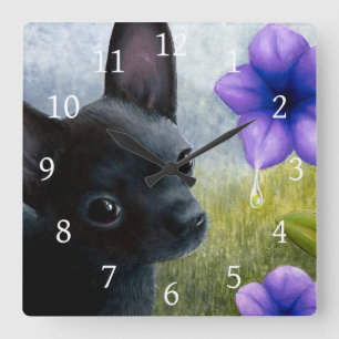 Dog 94 Black Chihuahua Purple Flower Vierkante Klok