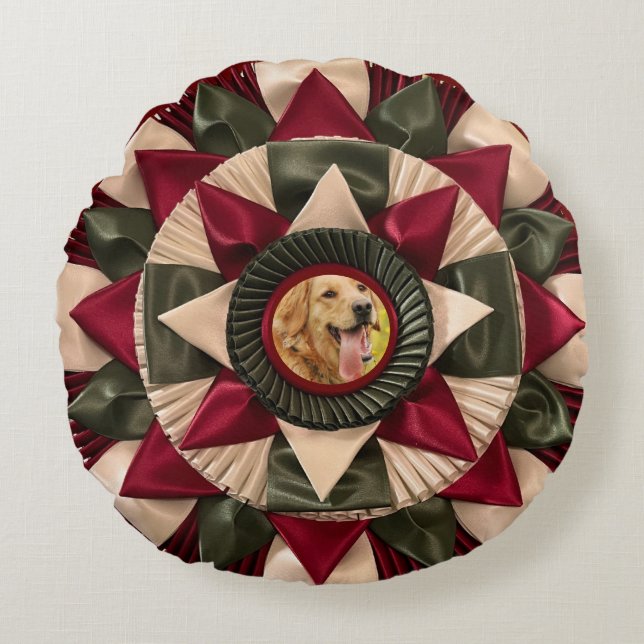 Dog A.K.C. Title Photo Ribbon Rosette Rond Kussen (Voorkant)