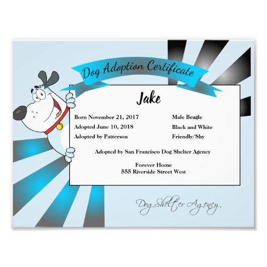 Dog Adoption Certificate Foto Afdruk (Voorkant)