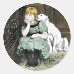 Dog Adoring Girl Victoriaans Painting Ronde Sticker