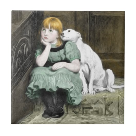 Dog Adoring Girl Victoriaans Painting Tegeltje (Voorkant)