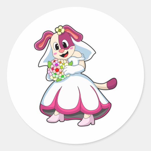 Dog als Bride met bruiloft-jurk en bloemen Ronde Sticker (Voorkant)