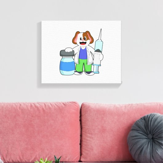 Dog als dokter met spuit canvas afdruk (Insitu (Woonkamer))