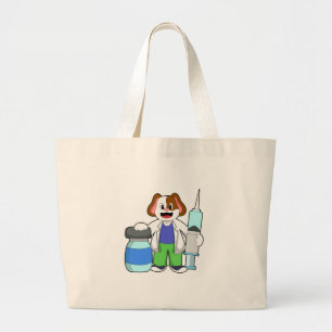 Dog als dokter met spuit grote tote bag