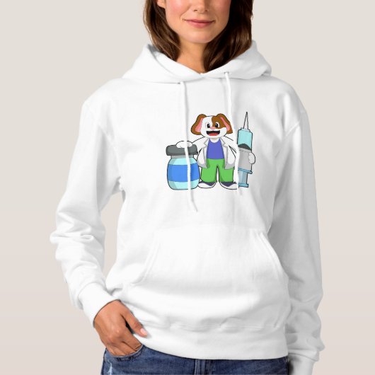 Dog als dokter met spuit hoodie (Voorkant)