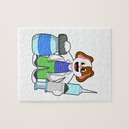 Dog als dokter met spuit legpuzzel (Horizontaal)