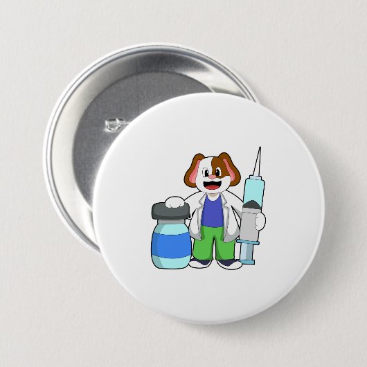 Dog als dokter met spuit ronde button 7,6 cm (Voorkant /achterkant)